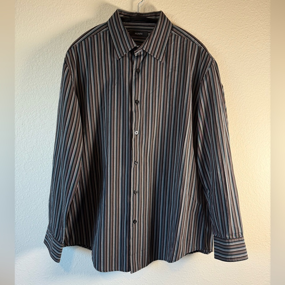 Alfani Men's Striped Button Down Shirt - Black and Blue XL 18" Neck, Like New